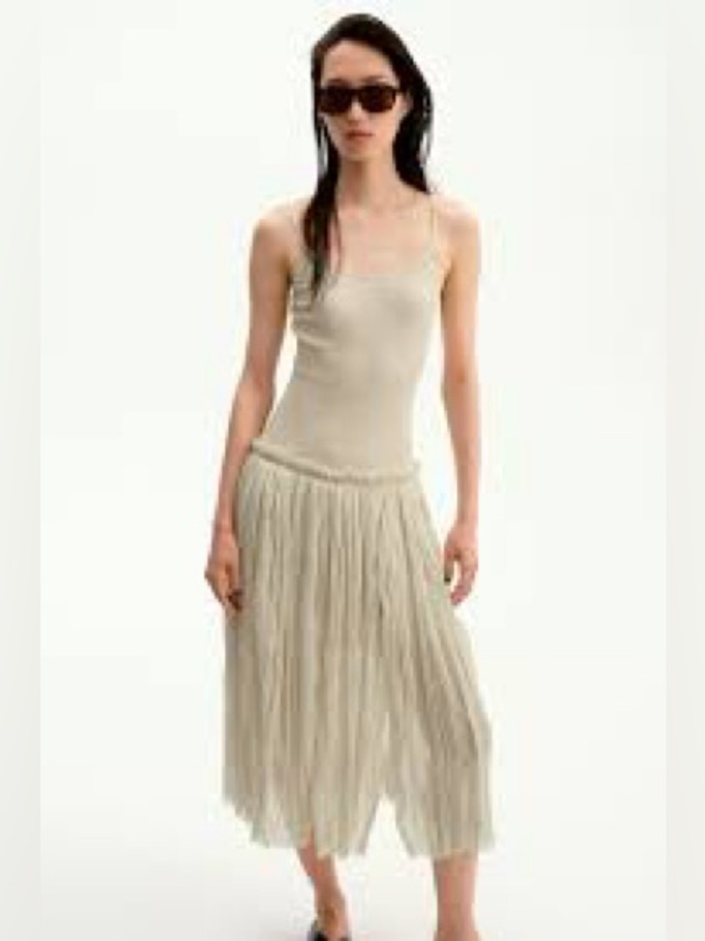 aZara beige midi dress spaghetti straps and a pleated fabric combination detail.
